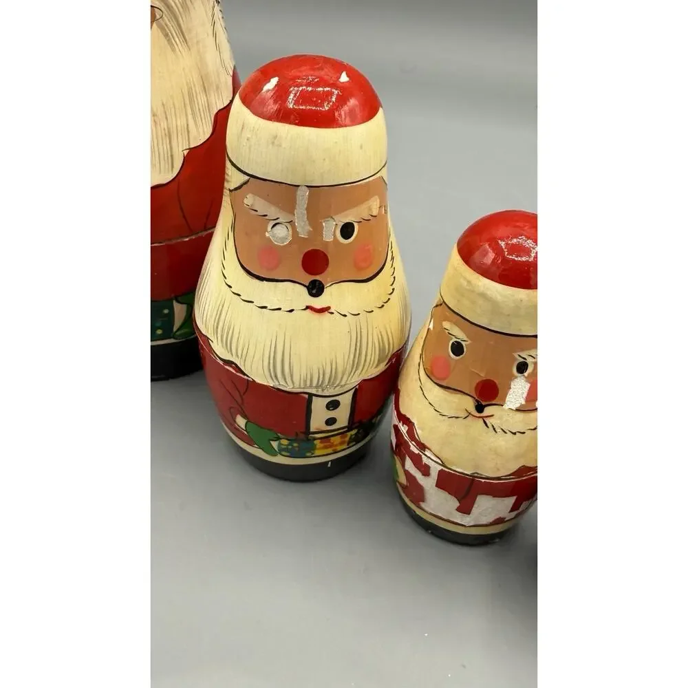Vintage Wooden Santa Stacking Doll Set Folk Art Nesting Christmas As Is
